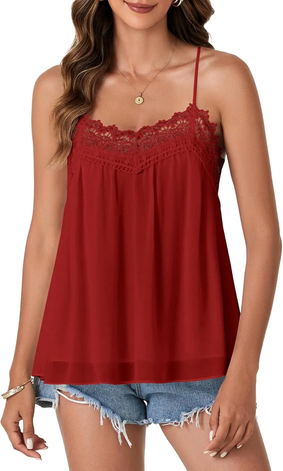 Vrtige Women's Summer Spaghetti Strap Sleeveless Lace Trim Loose Casual Flowy Cami Tank Top