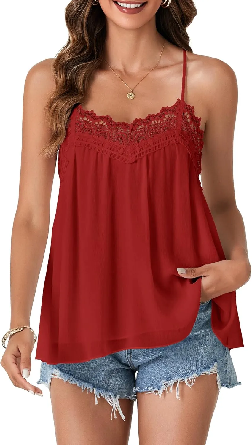 Vrtige Women's Summer Spaghetti Strap Sleeveless Lace Trim Loose Casual Flowy Cami Tank Top