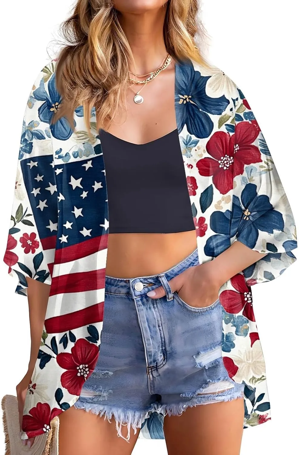 Women American Flag Lightweight Chiffon Kimono Cardigan Short Sleeve 4th of July Coverup Casual Open Front Blouse Top