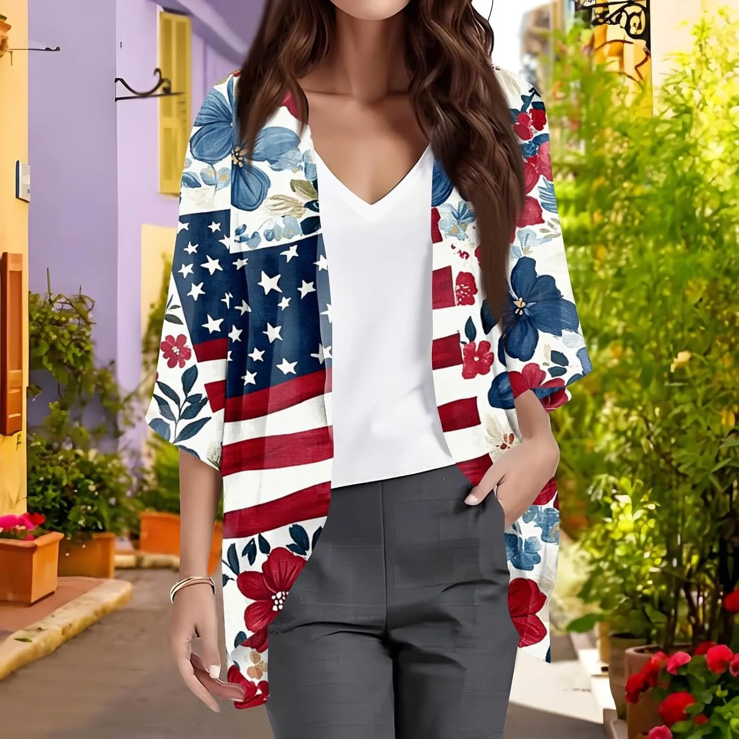 Women American Flag Lightweight Chiffon Kimono Cardigan Short Sleeve 4th of July Coverup Casual Open Front Blouse Top