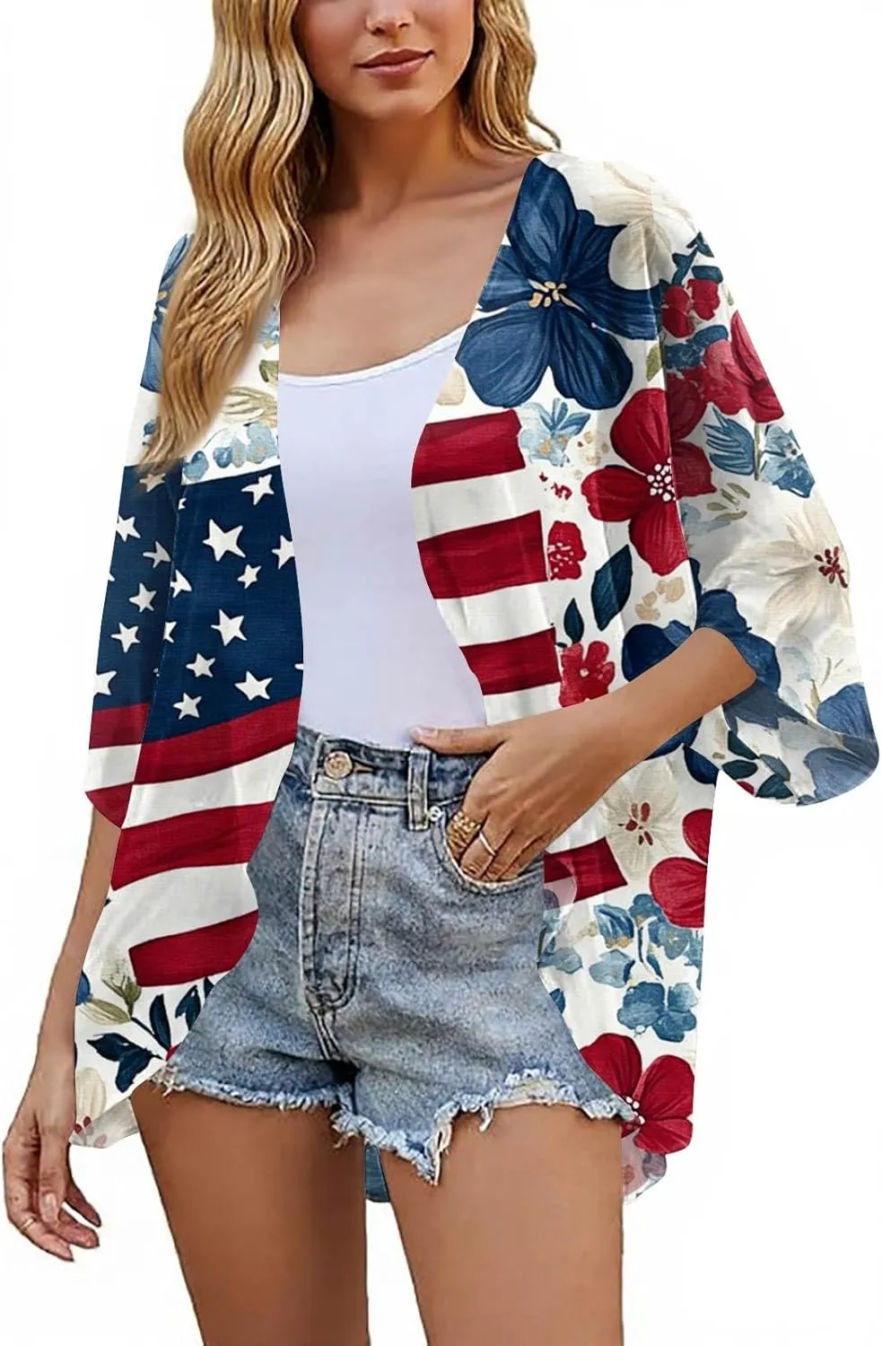 Women American Flag Lightweight Chiffon Kimono Cardigan Short Sleeve 4th of July Coverup Casual Open Front Blouse Top