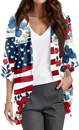Women American Flag Lightweight Chiffon Kimono Cardigan Short Sleeve 4th of July Coverup Casual Open Front Blouse Top