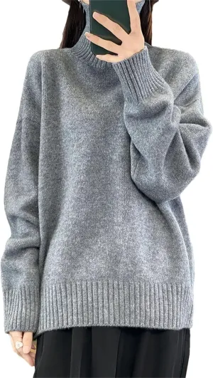 Women Merino Wool Pullover Sweater Turtleneck Long Sleeve Jumpers Knitted Loose Jumper