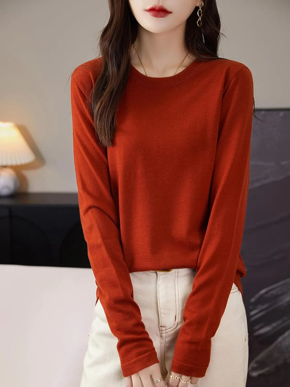 Women's 100% Merino Wool Base Layer Shirt Tops Crewneck Long Sleeve Travel Hiking Tee T Shirt Pullover Sweater