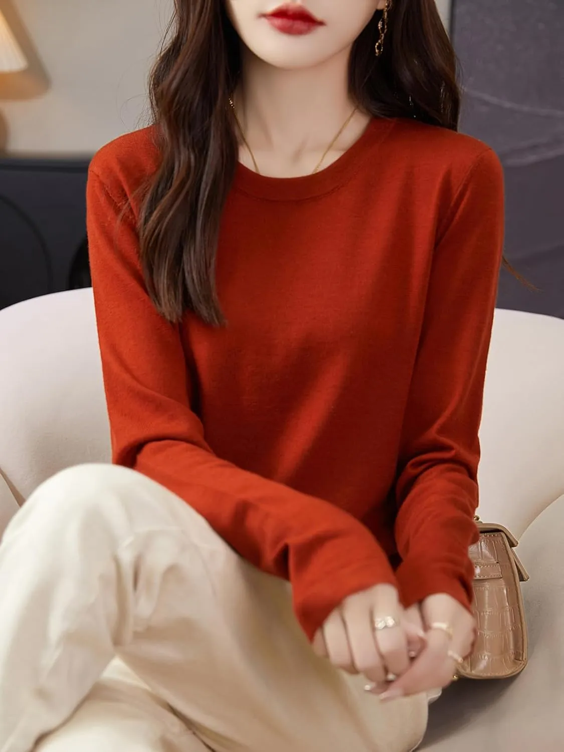 Women's 100% Merino Wool Base Layer Shirt Tops Crewneck Long Sleeve Travel Hiking Tee T Shirt Pullover Sweater