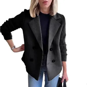 Women's Lapel Button Knitted Patchwork Sleeve Casual Coat Cropped Sweater Blazer Women Knit Blazer