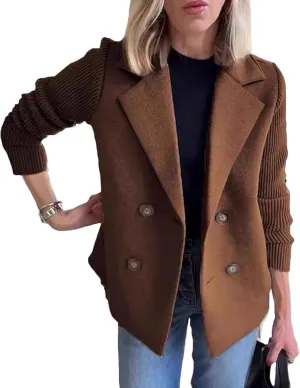 Women's Lapel Button Knitted Patchwork Sleeve Casual Coat Cropped Sweater Blazer Women Knit Blazer