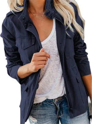 Womens Multi Pockets Military Jacket Washed Cotton Zip Up Jackets Spring Fall Button Down Denim Jean Coat
