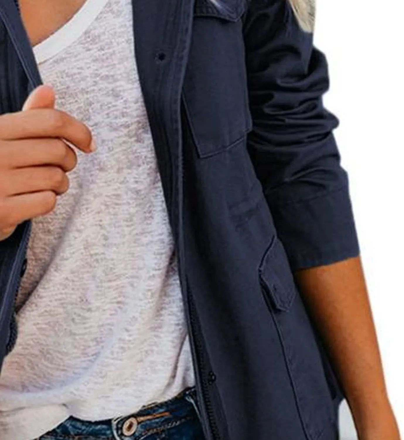 Womens Multi Pockets Military Jacket Washed Cotton Zip Up Jackets Spring Fall Button Down Denim Jean Coat