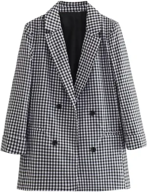 Women's Small Checked Suit Jacket Double Breasted Coat Plaid Formal Blazer