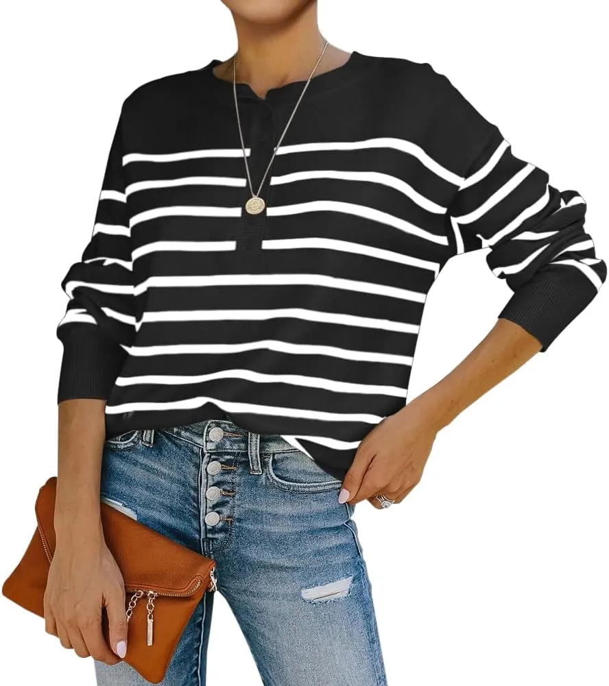 Womens Striped Henley Sweaters Soft Lightweight Long Sleeve Crew Neck Loose Fit Knit Pullover Tops