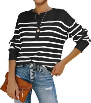Womens Striped Henley Sweaters Soft Lightweight Long Sleeve Crew Neck Loose Fit Knit Pullover Tops