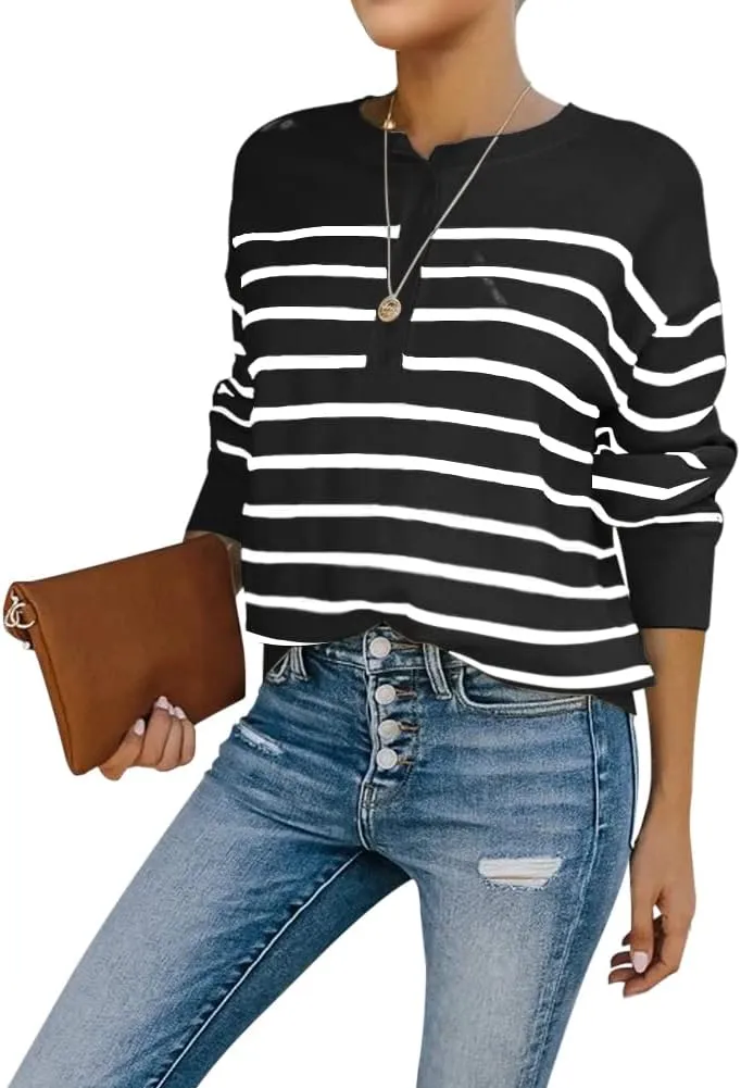 Womens Striped Henley Sweaters Soft Lightweight Long Sleeve Crew Neck Loose Fit Knit Pullover Tops