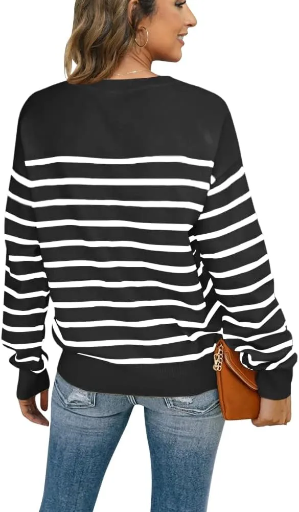 Womens Striped Henley Sweaters Soft Lightweight Long Sleeve Crew Neck Loose Fit Knit Pullover Tops