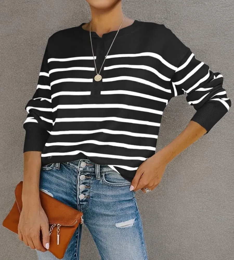 Womens Striped Henley Sweaters Soft Lightweight Long Sleeve Crew Neck Loose Fit Knit Pullover Tops